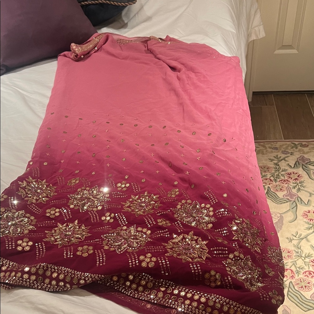 Pink and Burgundy Embellished Saree